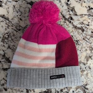 Swiss Tech Striped Pink and Gray Kids Pom-Pom Beanie